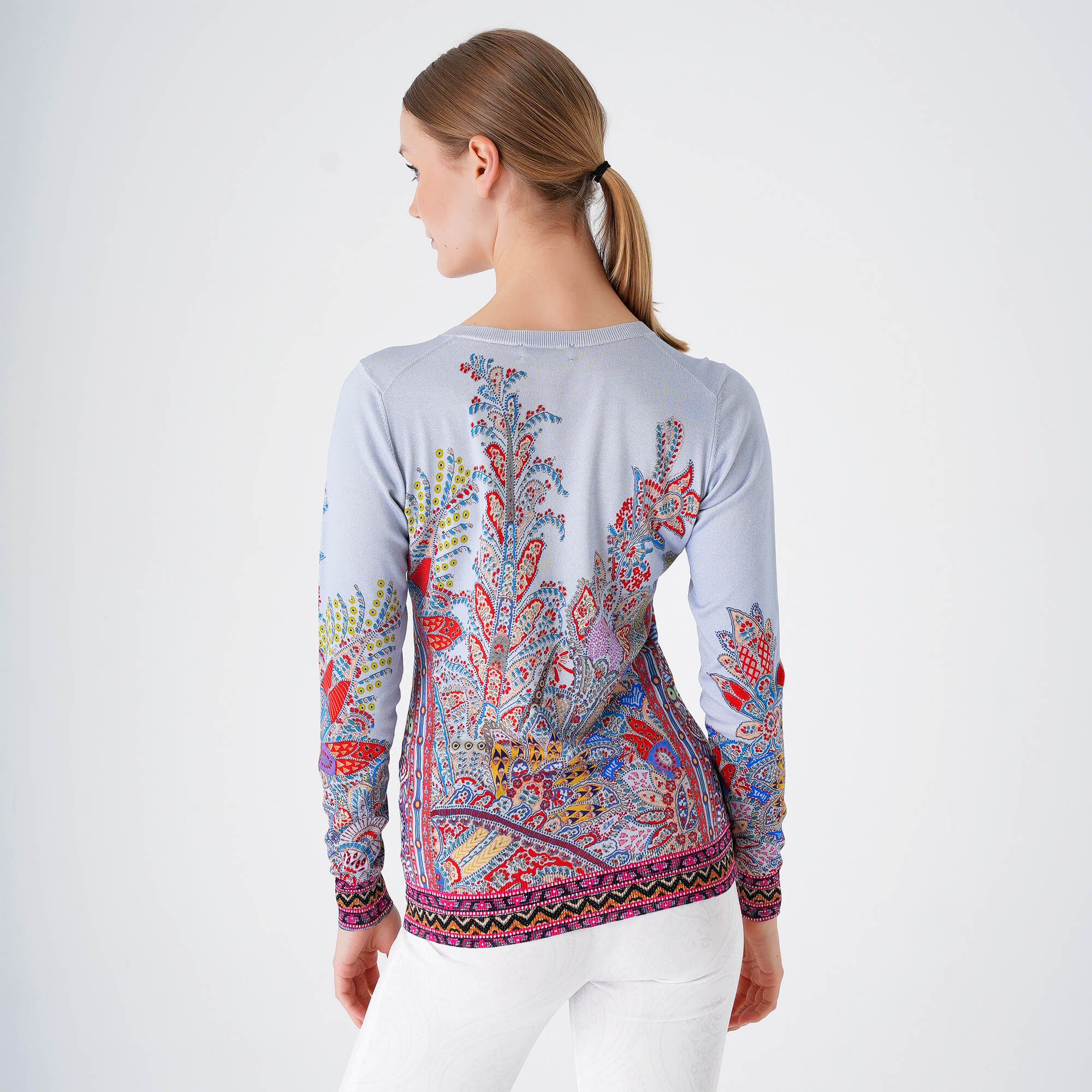 Etro - Blue Paisley Thin V Neck Sweater